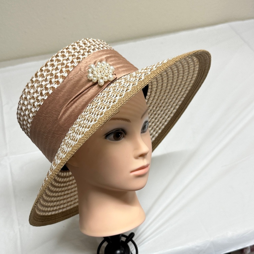 Women's Tan and Cream Wide Brim Hat